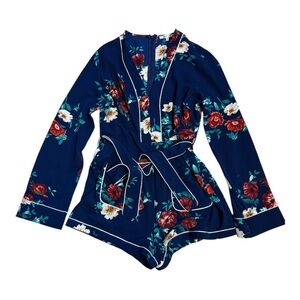 Bleuh Ciel Floral Navy Romper with Belt Size Medium